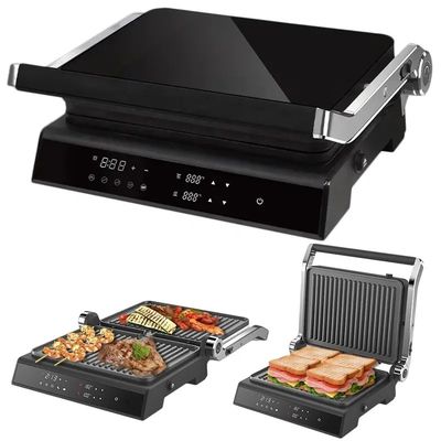 Grill eléctrico de 2200W Panini Maker temperatura ajustable Sandwich Press tostadora abre 180 grados Grill de contacto de acero inoxidable