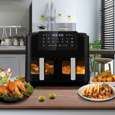 Freidora de aire de doble zona libre de aceite 9L grande para familia con 2 cajones 10 presets 2400W baja en grasa